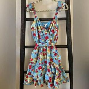 NWT LC LAUREN CONRAD L BLUE  MONET FLORAL BELTED FAUX WRAP FLUTTER RUFFLE DRESS